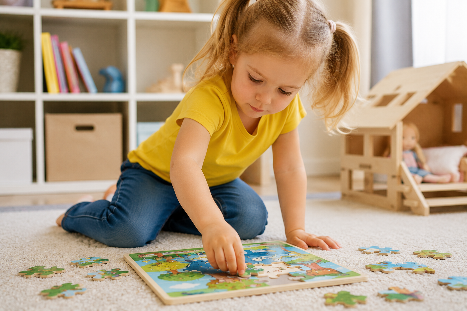 Dívka skládá puzzle ve světlé herně